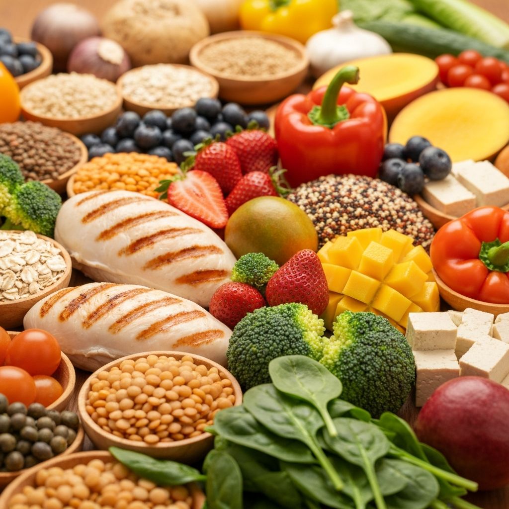 Variety of whole foods including grains, vegetables, and fruits